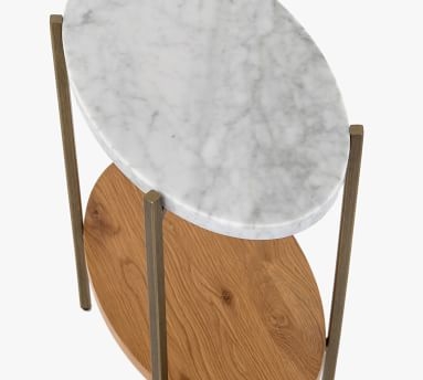 Modern Oval Marble Side Table, Natural Oak & Golden Brass, 20"L - Image 1