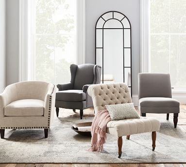 Harlow Upholstered Armchair with Pewter Nailheads, Polyester Wrapped Cushions, Chenille Basketweave Oatmeal - Image 5