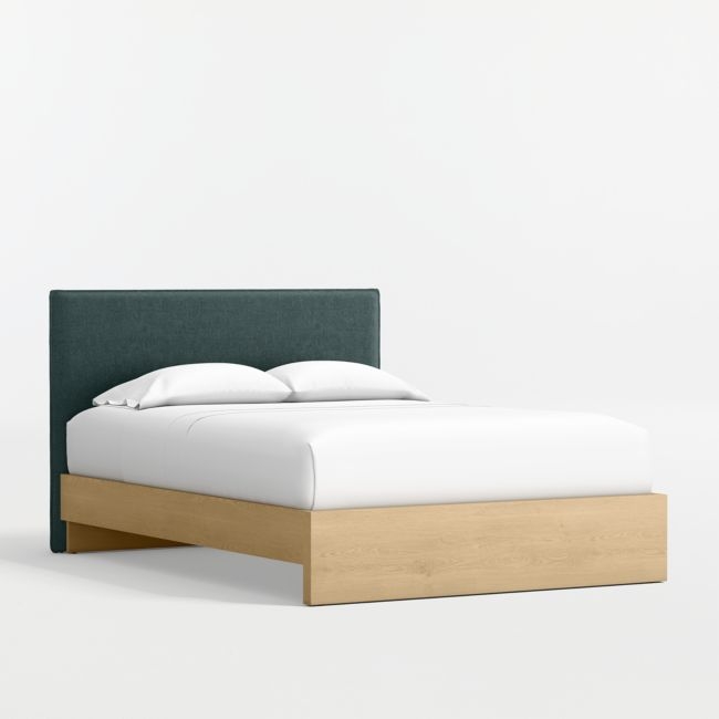 Noa Jungle Green Upholstered Flange Kids Full Headboard with Natural Wood Base - Image 0