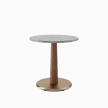 White Faux Marble Restaurant Dining Table, 30" Round, Claire Base, Blackened Brass, Walnut on Beech - Image 3