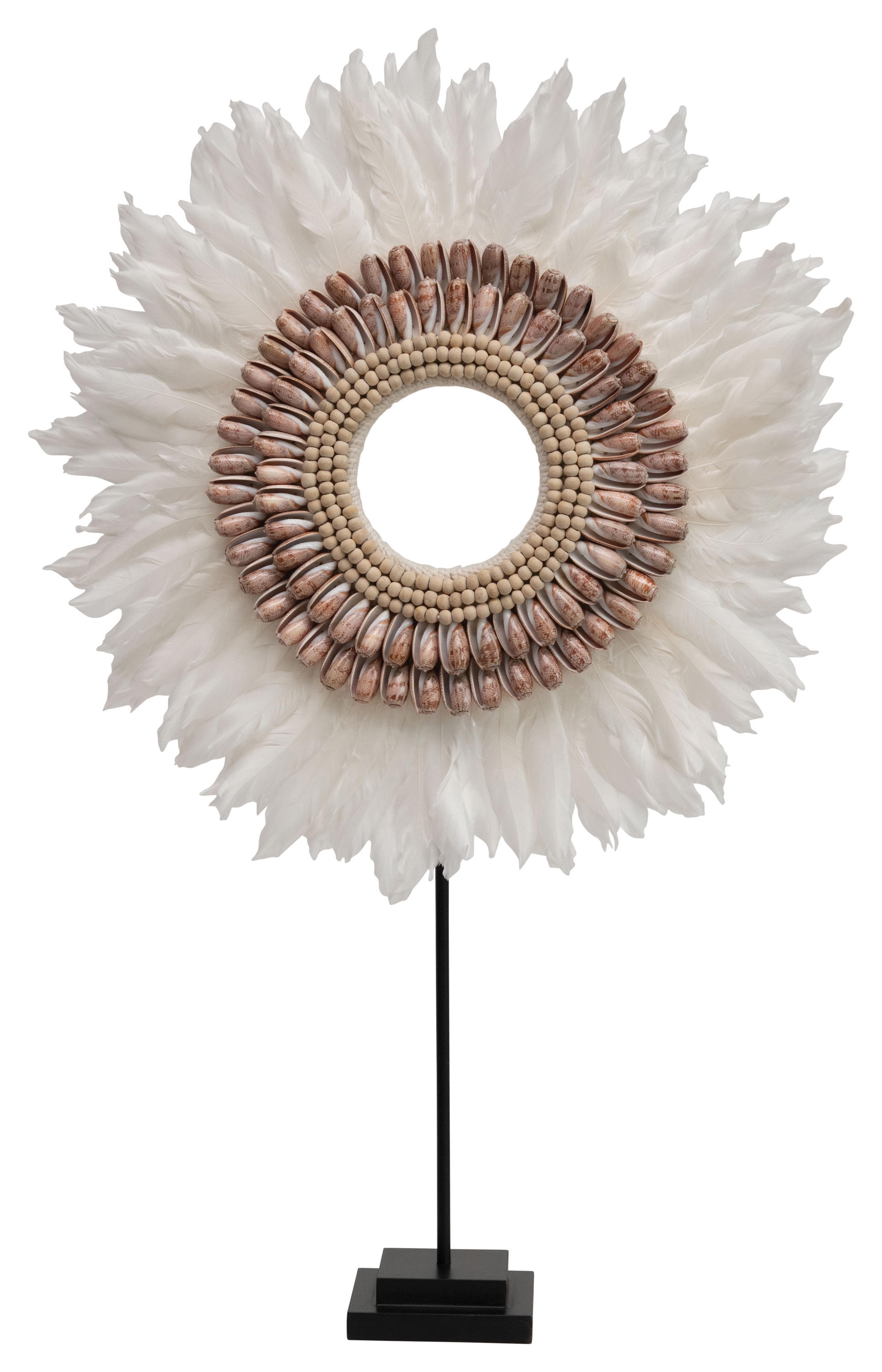 Handmade Feather & Shell Decorative Figurine on Metal Stand - Image 0