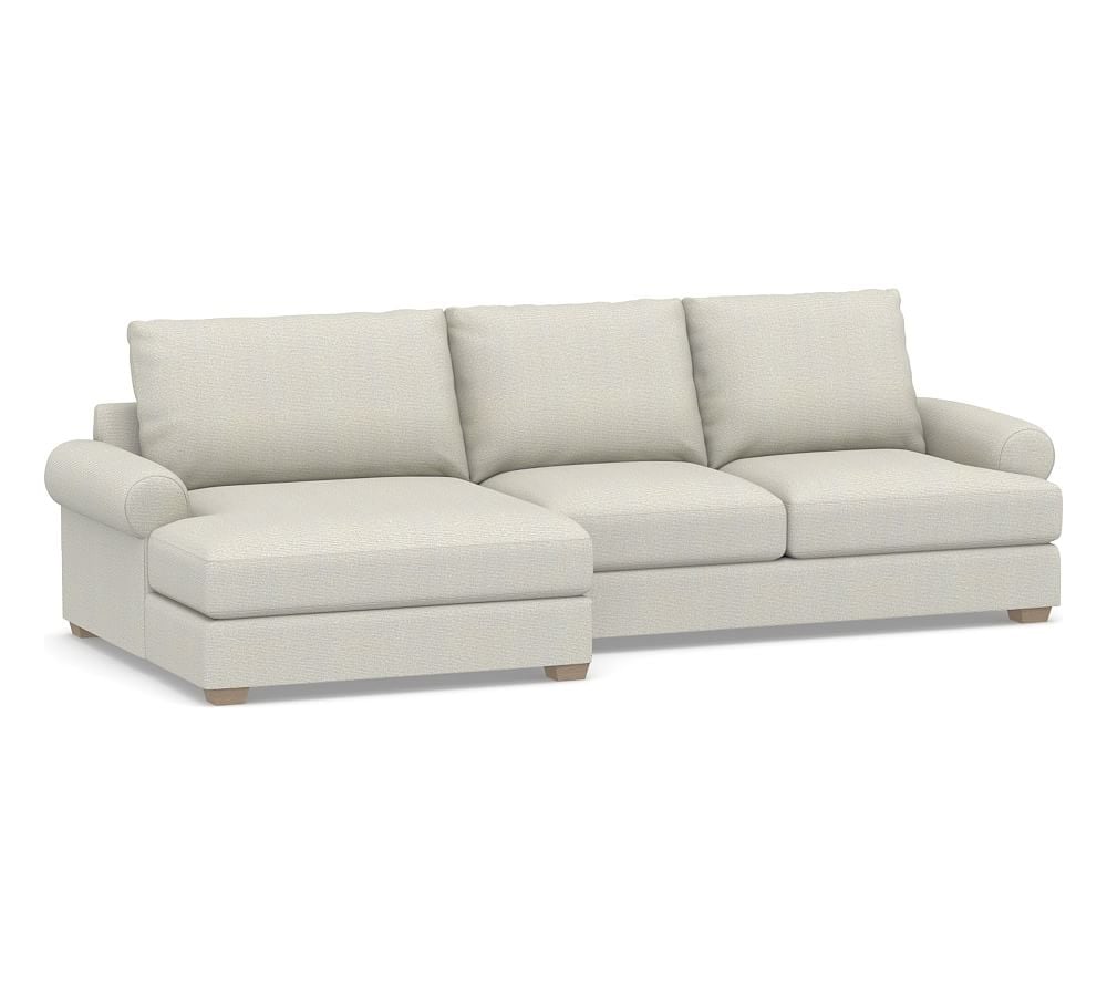 Canyon Roll Arm Upholstered Right Arm Loveseat with Double Chaise SCT, Down Blend Wrapped Cushions, Performance Heathered Basketweave Dove - Image 0