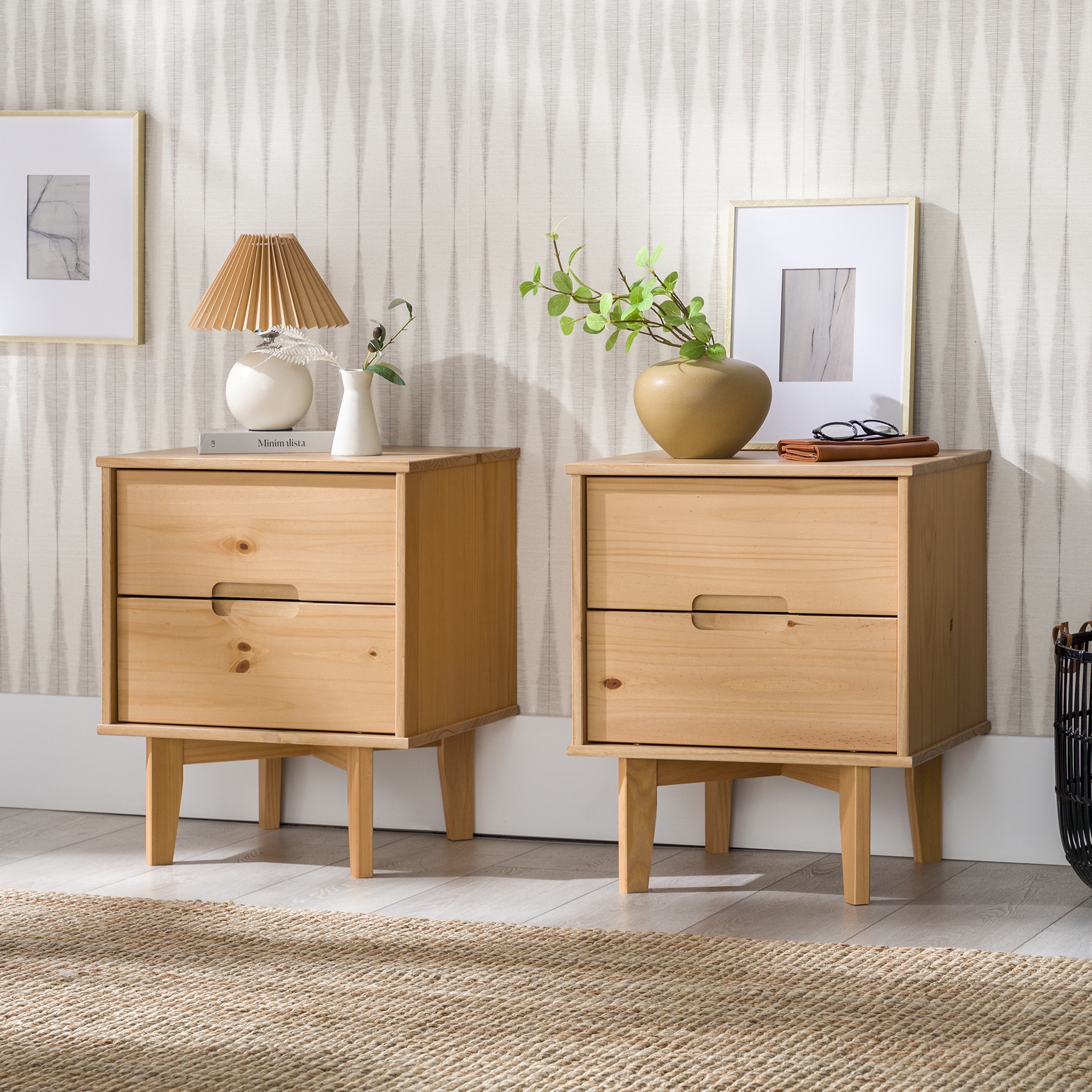 2-Drawer Groove Handle Solid Wood Nightstand - Natural Pine - (Set of 2) - Image 6