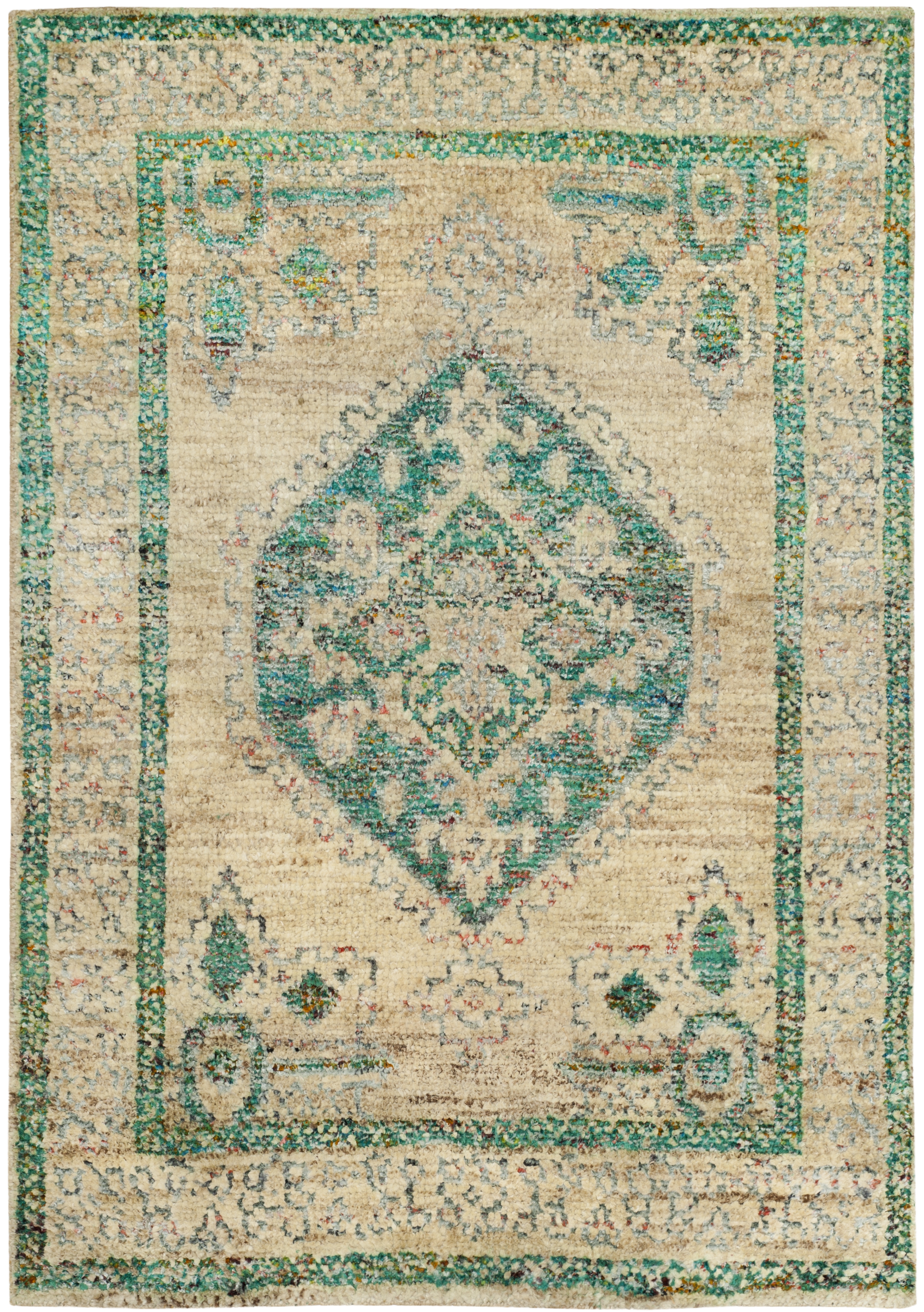 Arlo Home Hand Knotted Area Rug, TGR606A, Beige/Emerald,  4' X 6' - Image 0