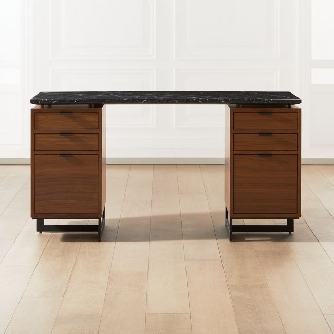 Fullerton 6-Drawer Walnut Wood Desk with Black Marble Top - Image 0