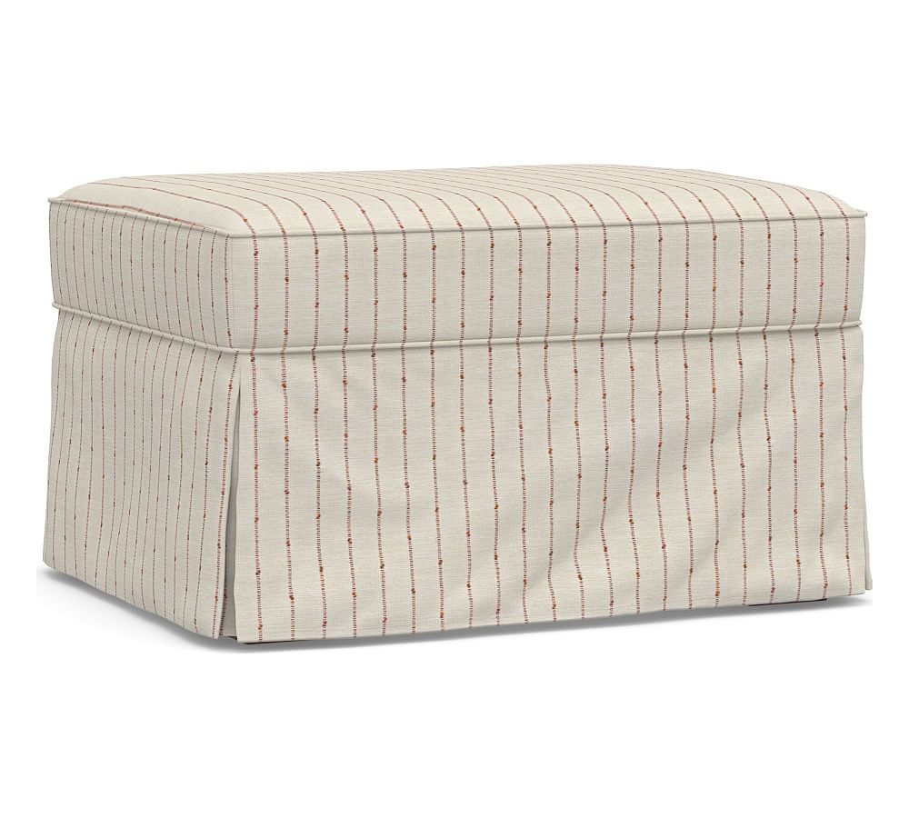 PB English Upholstered Ottoman, Polyester Wrapped Cushions, Slubby Pinstripe Red - Image 0
