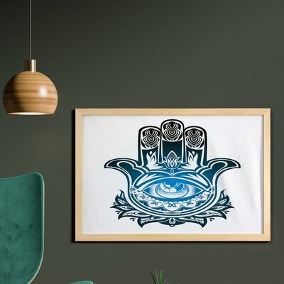 Ambesonne Hamsa Wall Art With Frame, Evil Eye Inside The Esoteric Protection, Printed Fabric Poster For Bathroom Living Room Dorms, 35" X 23", White Black And Blue - Image 0