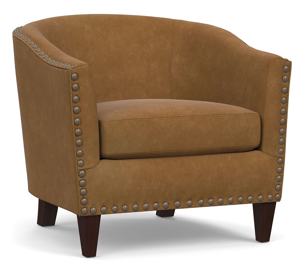 Harlow Leather Armchair with Bronze Nailheads, Polyester Wrapped Cushions, Nubuck Camel - Image 0