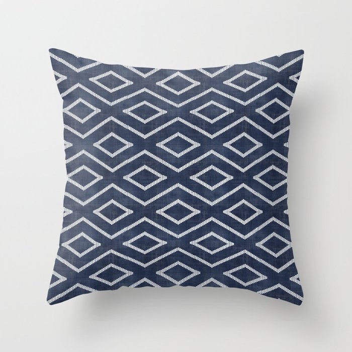 Stitch Diamond Tribal Print In Indigo Couch Throw Pillow by Becky Bailey - Cover (20" x 20") with pillow insert - Indoor Pillow - Image 0