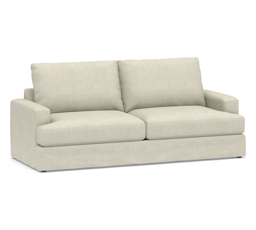 Canyon Square Arm Slipcovered Grand Sofa 96", Down Blend Wrapped Cushions, Performance Heathered Basketweave Alabaster White - Image 0