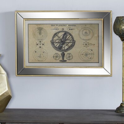 Large Vintage Style Planetary System Diagram And Armillary Illustration Textile In Rectangular Mirror And Gold Frame, 28.5" X 19.5" - Picture Frame Drawing Print - Image 0