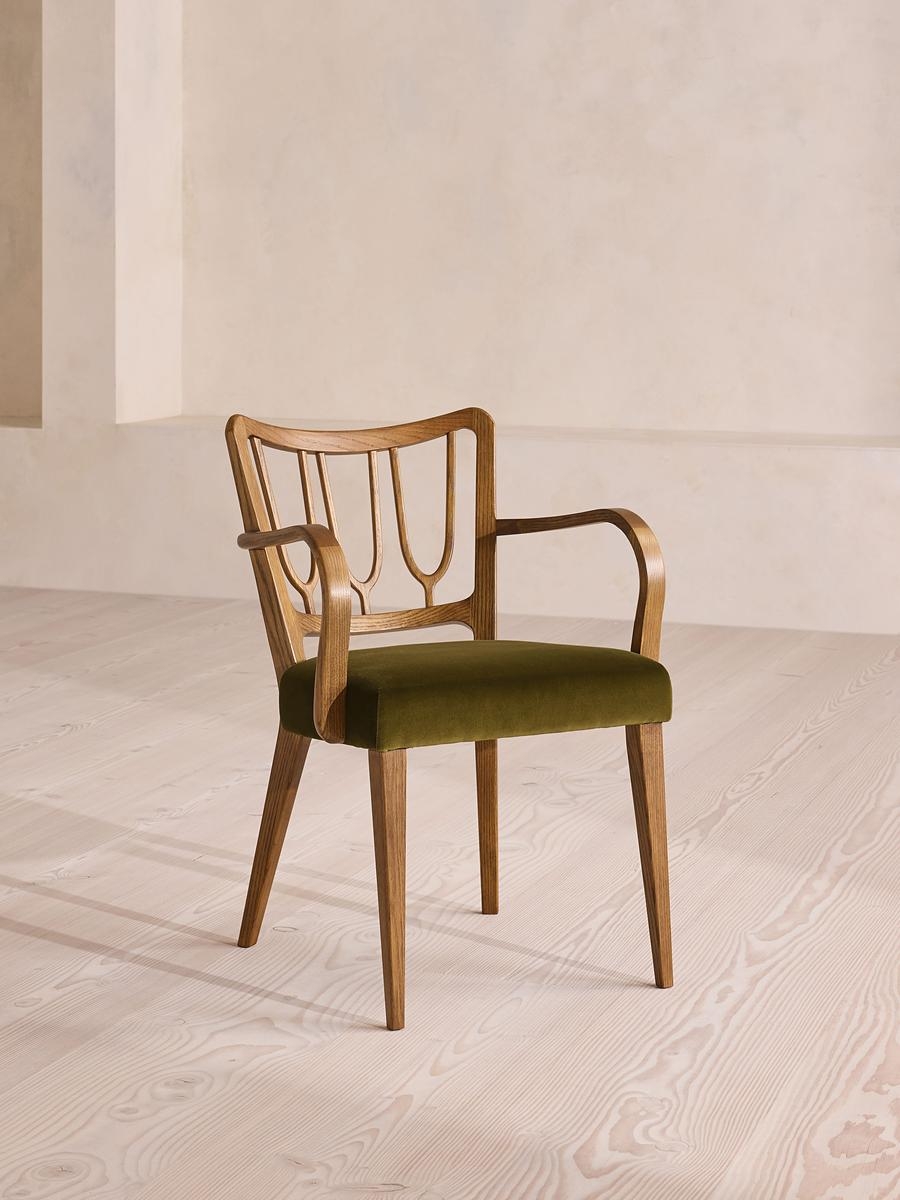 Leonie Armed Dining Chair, Velvet, Olive, US - Image 0