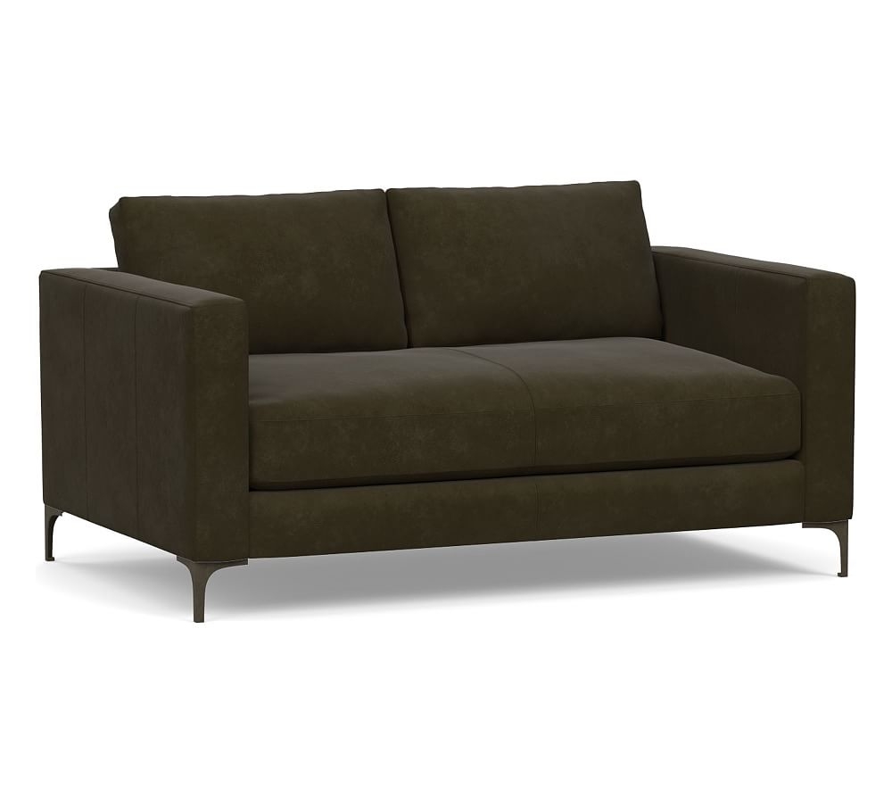 Jake Leather Apartment Sofa with Brushed Nickel Legs, Down Blend Wrapped Cushions, Aviator Blackwood - Image 0