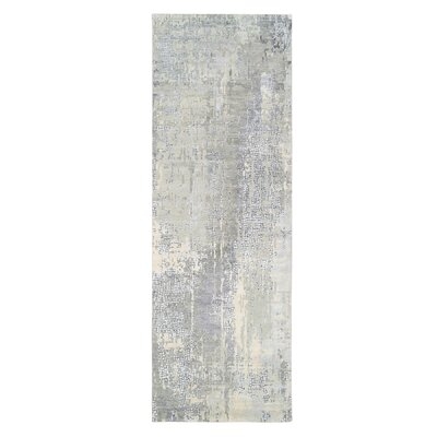 4'X12' Hand Knotted Abstract With Mosaic Design Gray Wool And Silk Oriental Runner Rug 95D12870CEF04502AFF7D3D6B08012FE - Image 0