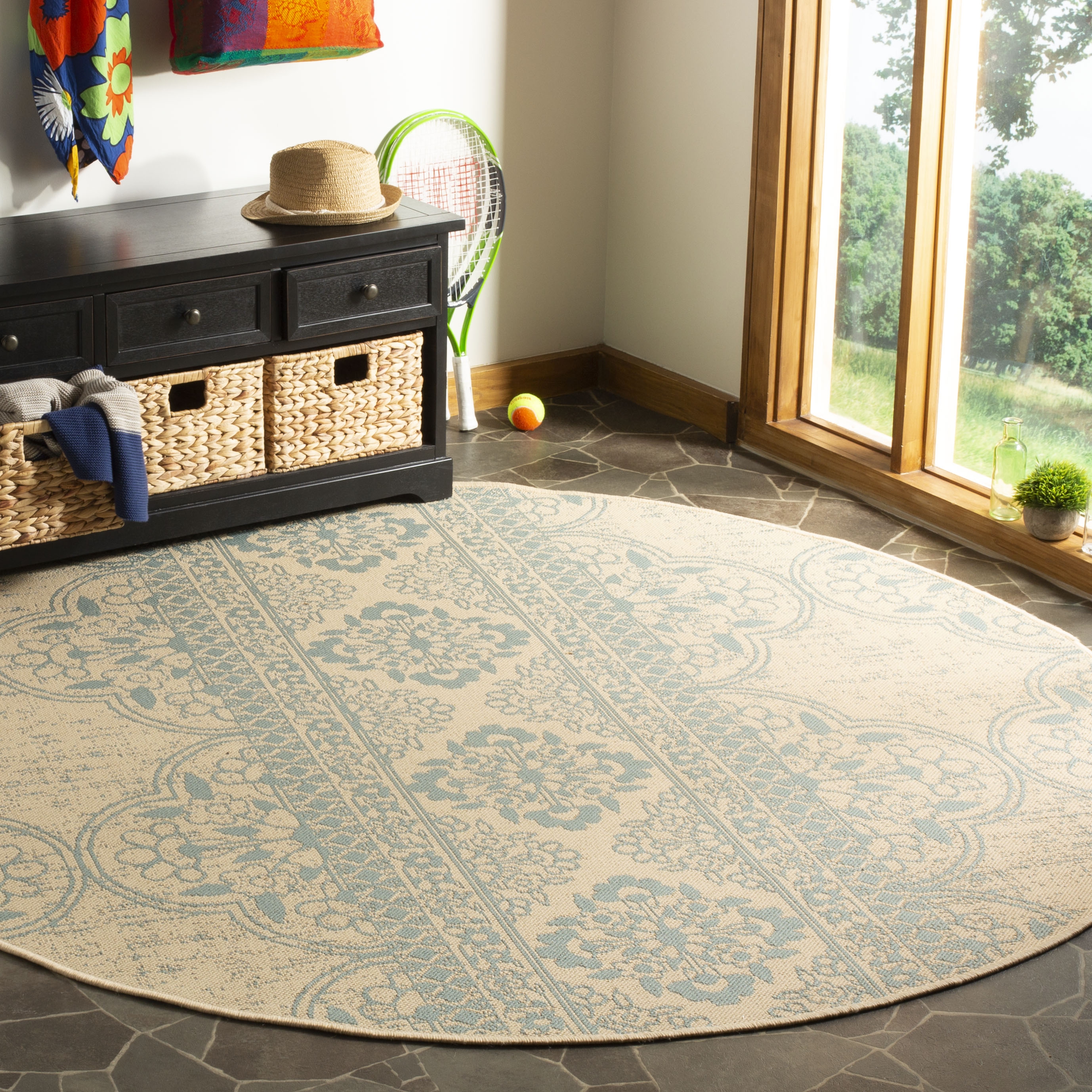 Arlo Home Indoor/Outdoor Woven Area Rug, LND174K, Aqua/Cream,  6' 7" X 6' 7" Round - Image 1