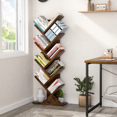 Tree Bookshelf, Shelf Rustic Brown Bookcase, Retro Wood Storage Rack For Cds/Movies/Books, Anti-Fall Utility Organizer Shelves For Living Room, Bedroom, Home Office - Image 0