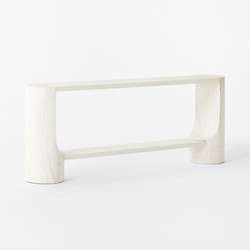 Scoop 76" Travertine and White Oak Wood Console Table - Image 3