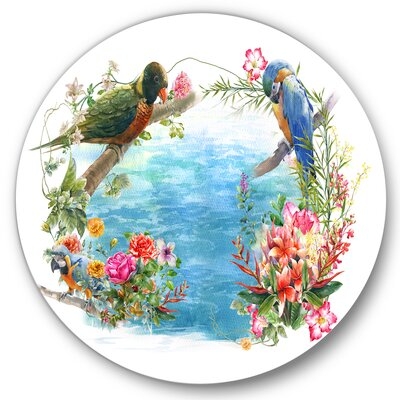 Birds And Flowers By The Blue Waterside - Traditional Metal Circle Wall Art - Image 0