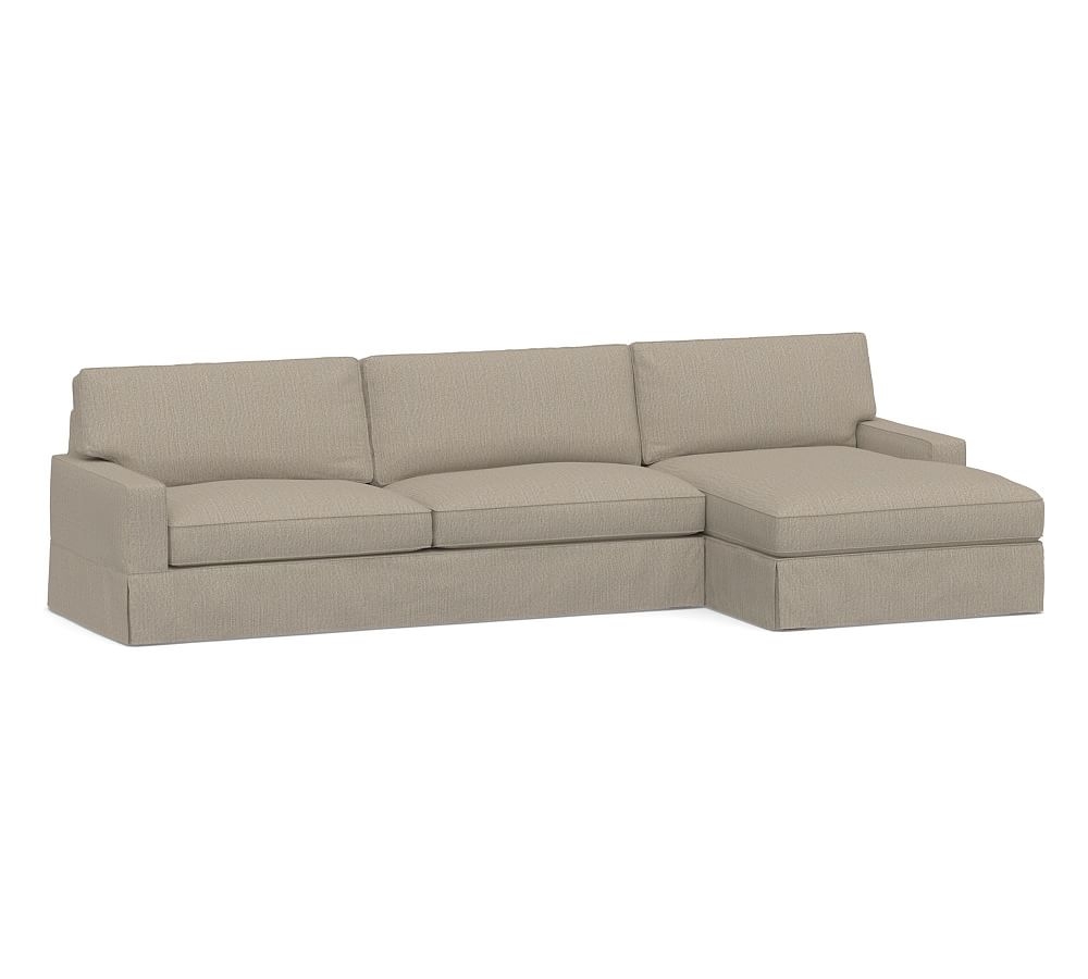 PB Comfort Square Arm Slipcovered Left Arm Sofa with Wide Chaise Sectional, Box Edge, Down Blend Wrapped Cushions, Sunbrella(R) Performance Herringbone Light Gray - Image 0