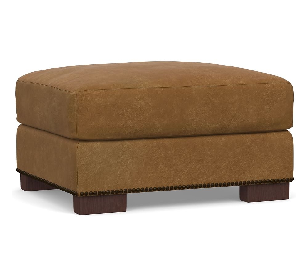 Turner Square Arm Leather Small Ottoman 30.5" with Nailheads, Polyester Wrapped Cushions, Nubuck Camel - Image 0
