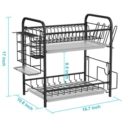 Dish Drying Rack,2 Tier Kitchen Plate Rack With Drainboard, Utensil Holder, Cup Holder, Cutting Board Holder, Rustproof Dish Drainer For Countertop, Black - Image 0