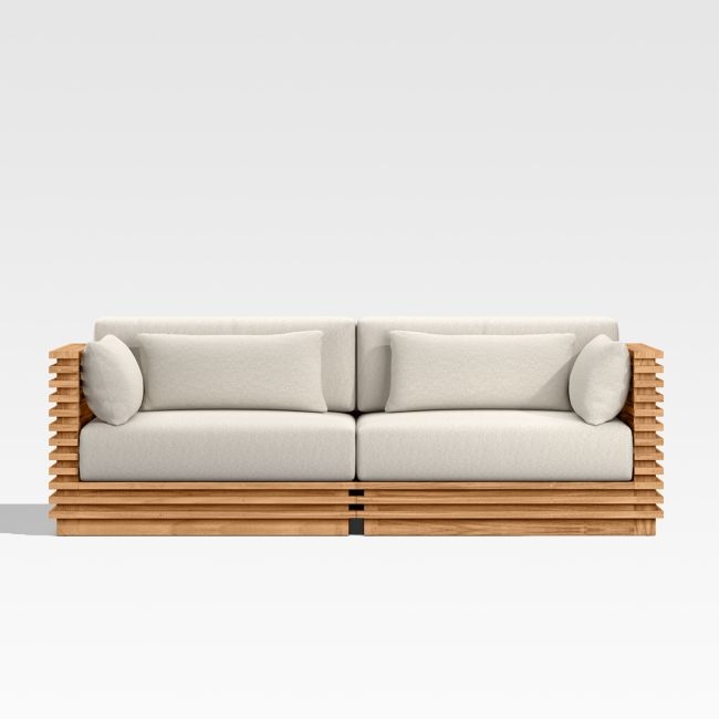 Batten 83" Natural Teak Outdoor Loveseat with Oat Cushions - Image 0