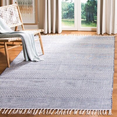 Jermyn Striped Hand-Woven Flatweave Cotton Ivory/Navy Area Rug - Image 0