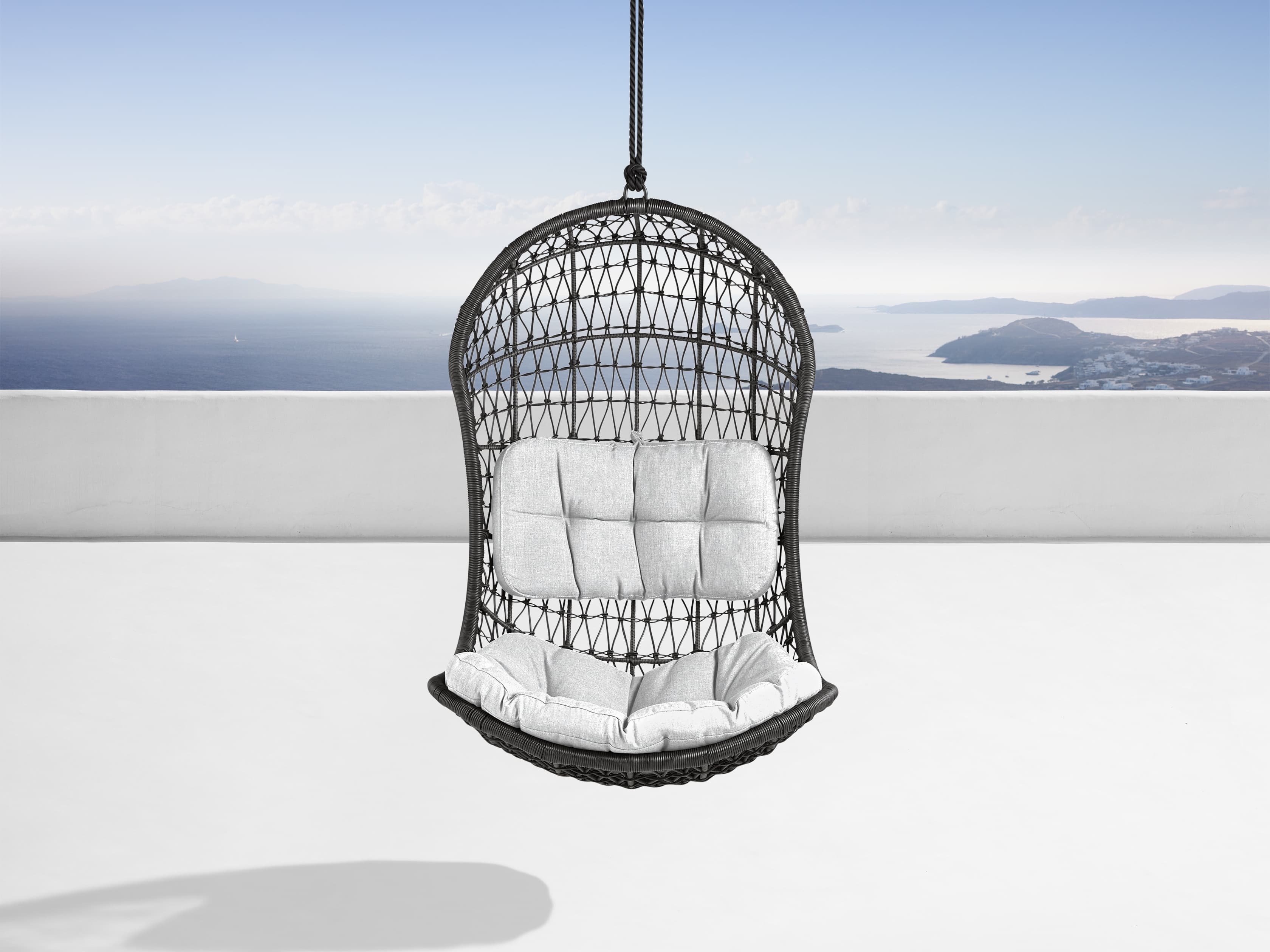 Crew Outdoor Hanging Chair with Rope in All Weather Wicker White  Starboard Snow/Black - Image 0