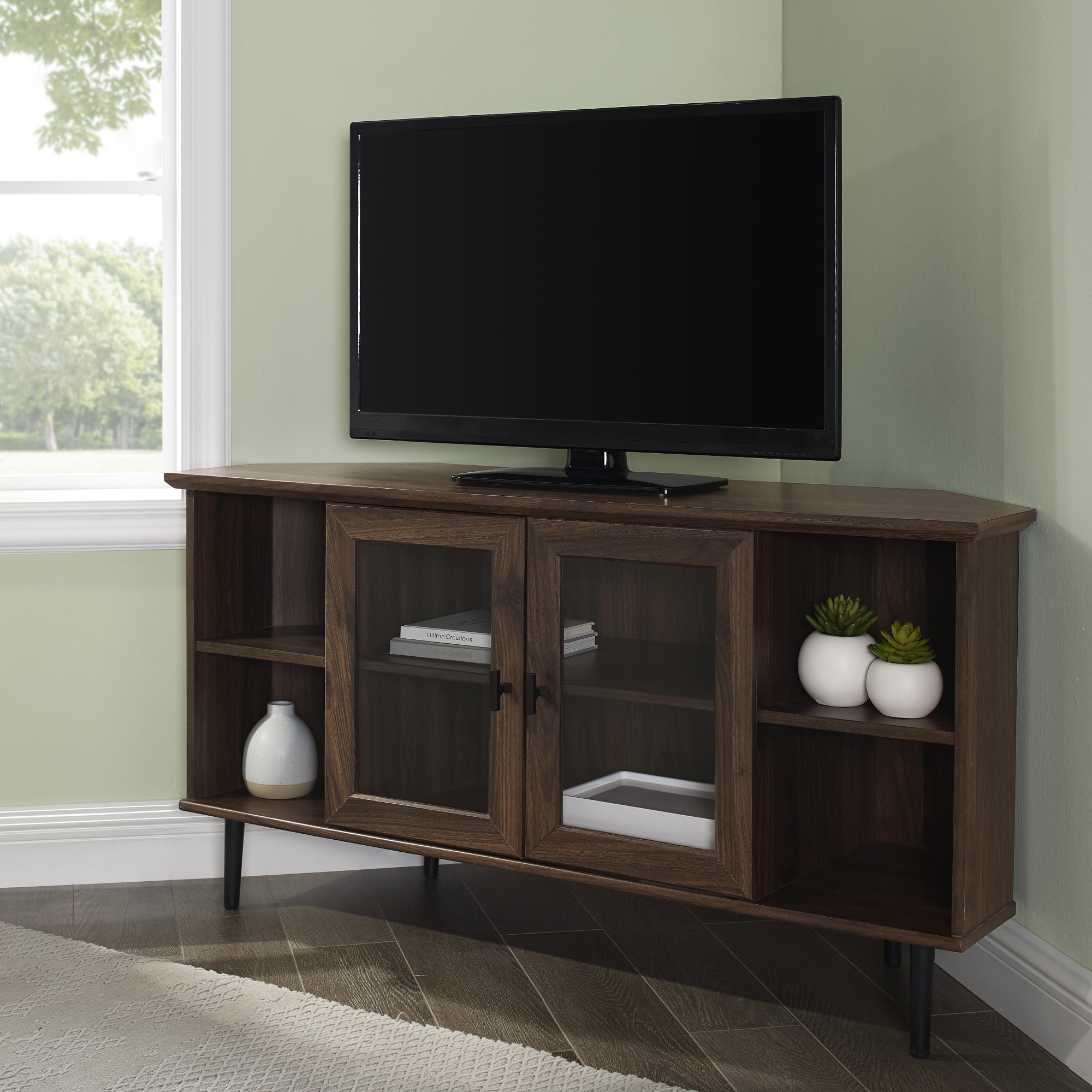 48" Simple Glass Door Corner TV Console - Dark Walnut - Image 4