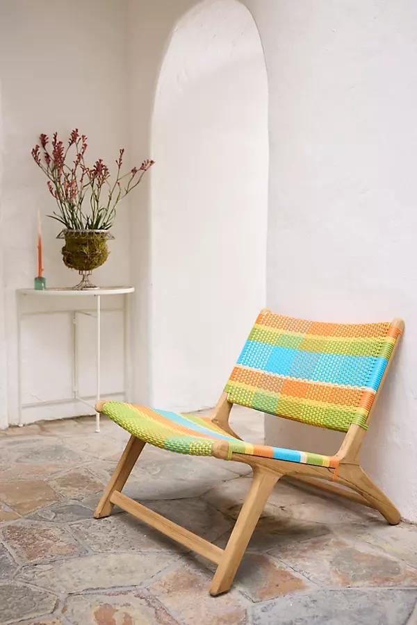 Havana Wicker + Teak Armless Chair, Colorful Plaid - Image 0
