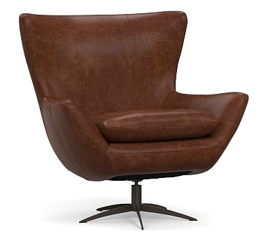 Wells Leather Tight Back Swivel Armchair with Bronze Base, Polyester Wrapped Cushions, Statesville Molasses - Image 0