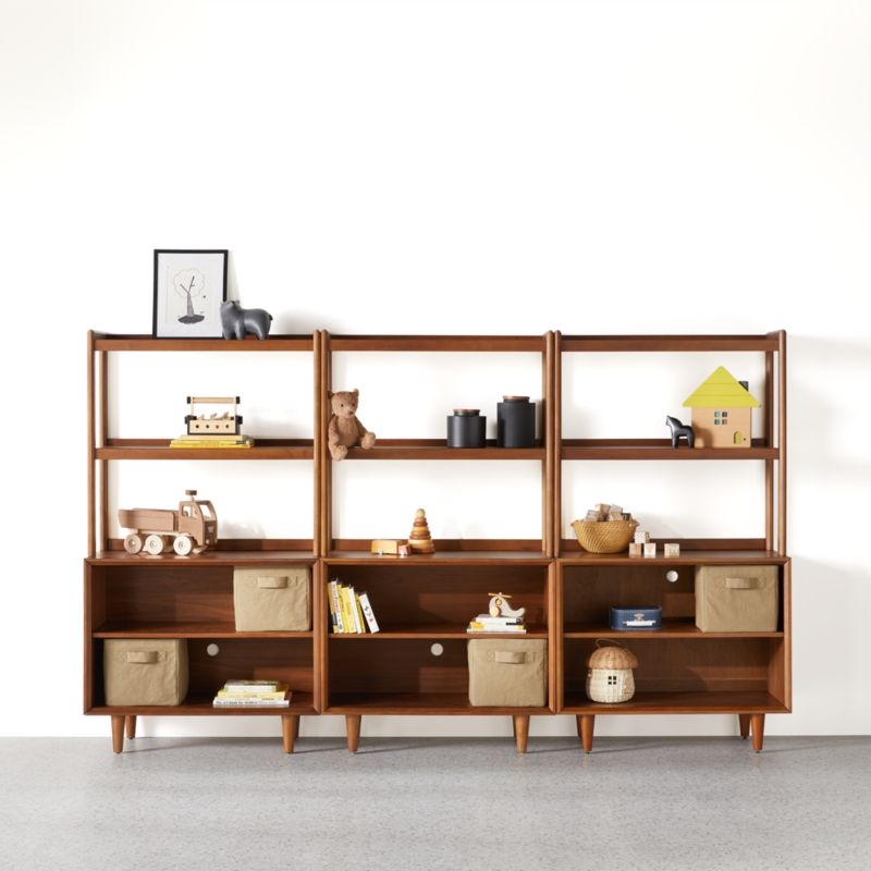 Tatum Set of 3 Modular Walnut Wood Kids Open Bookcases with Hutches - Image 1