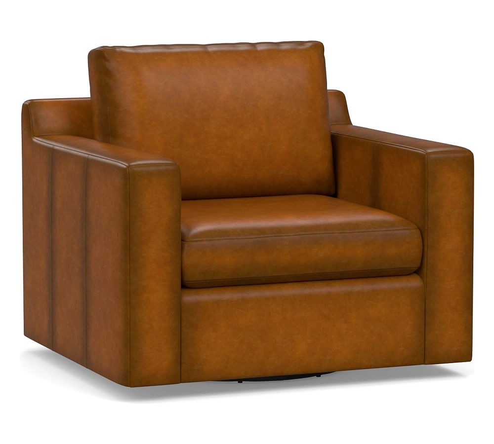 Shasta Square Arm Leather Swivel Armchair, Polyester Wrapped Cushions, Burnished Bourbon - Image 0