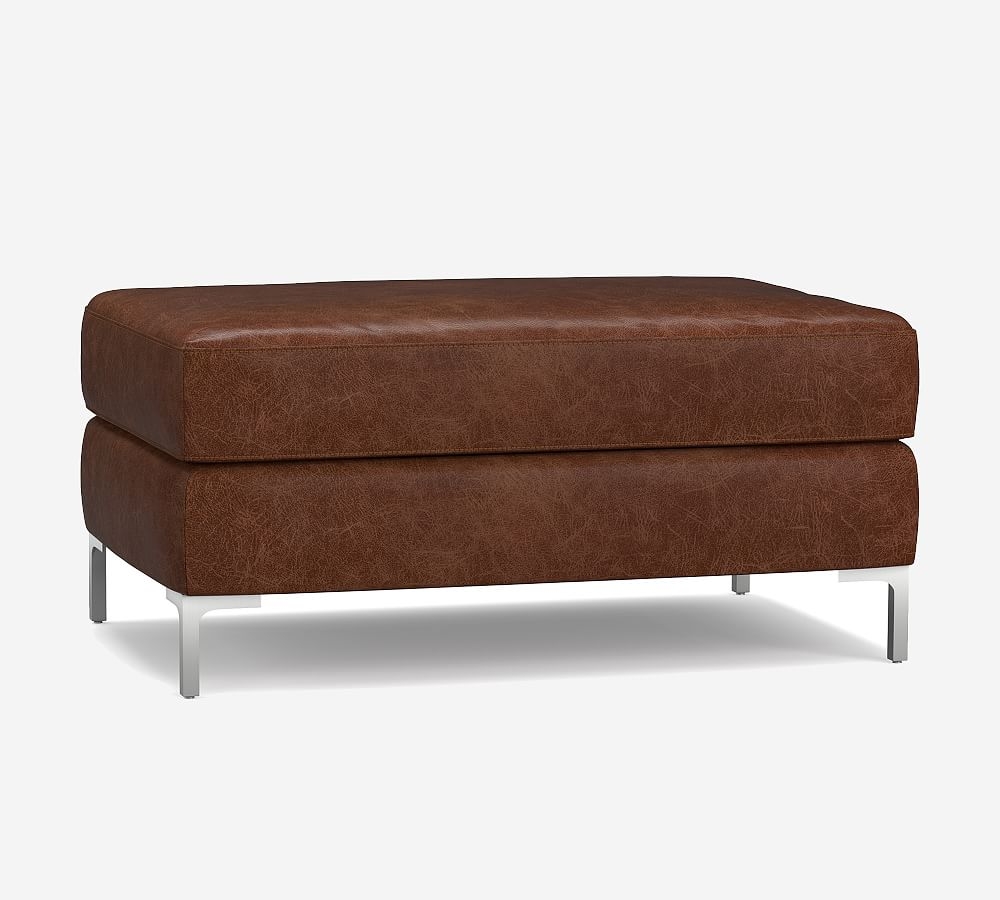 Jake Leather Ottoman with Brushed Nickel Legs, Polyester Wrapped Cushions, Nubuck Coffee - Image 0