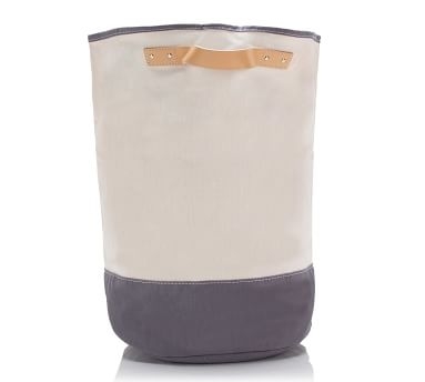 Laundry Hamper Storage Basket W/ Leather Handles, Canvas Gray - Image 2