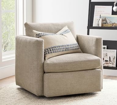 Menlo Upholstered Swivel Armchair, Polyester Wrapped Cushions, Basketweave Slub Ivory - Image 4