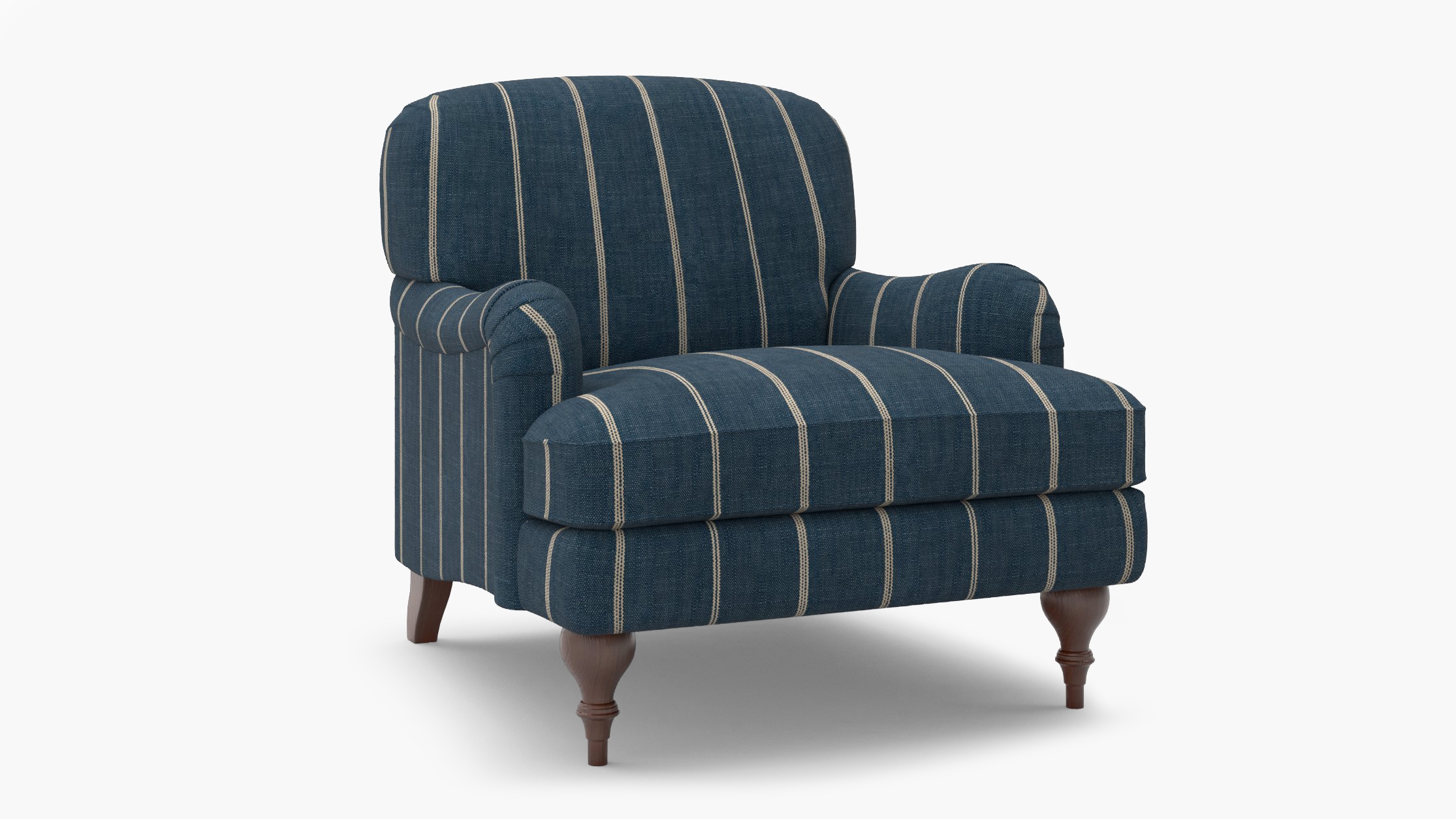 English Roll Arm Chair, Indigo Felix, Walnut Turned Wood Leg - Image 1
