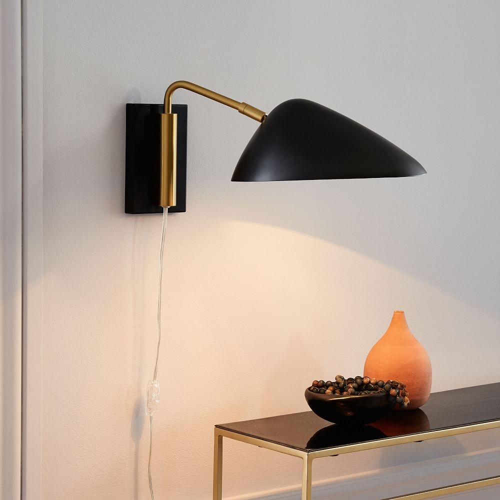 New Curvilinear Mid-Century Sconce, Short Arm, Black + Brass, Individual - Image 0
