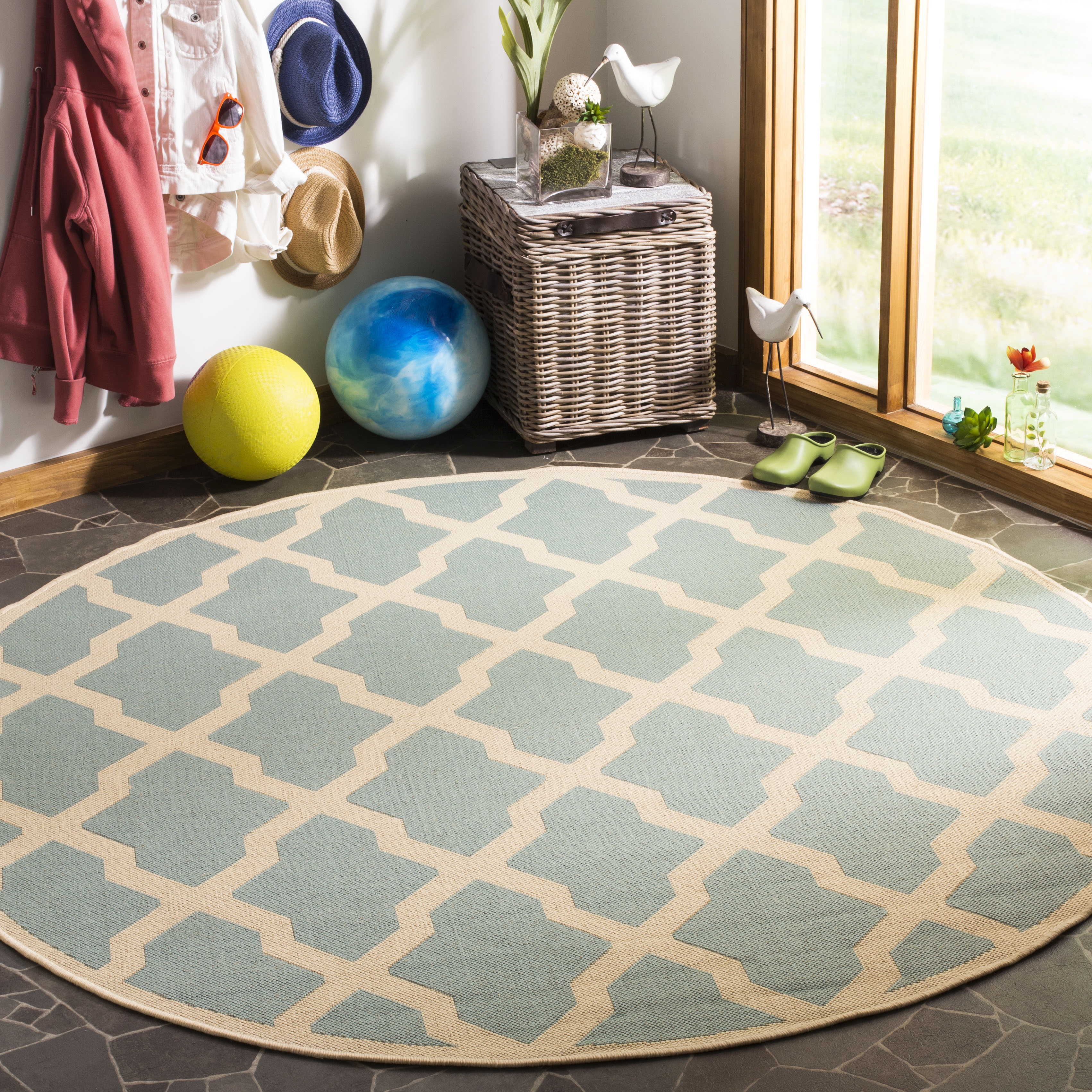 Arlo Home Indoor/Outdoor Woven Area Rug, LND122K, Aqua/Cream,  6' 7" X 6' 7" Round - Image 1