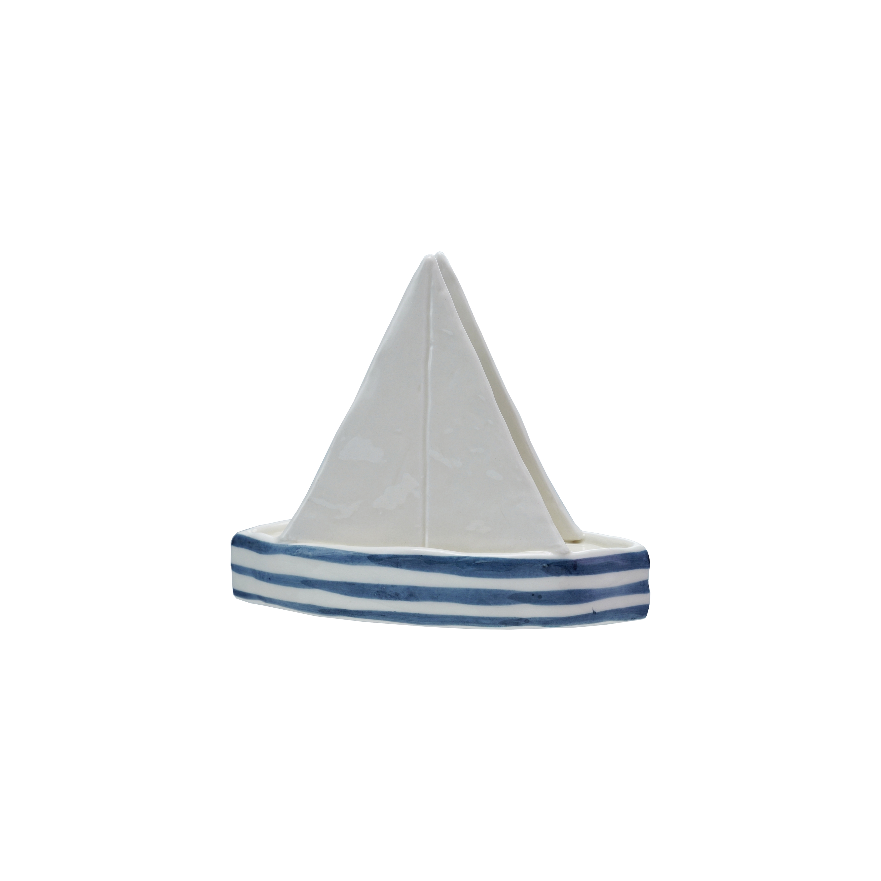 Stoneware Sailboat Shaped Napkin Holder with Stripes, Blue and White - Image 0