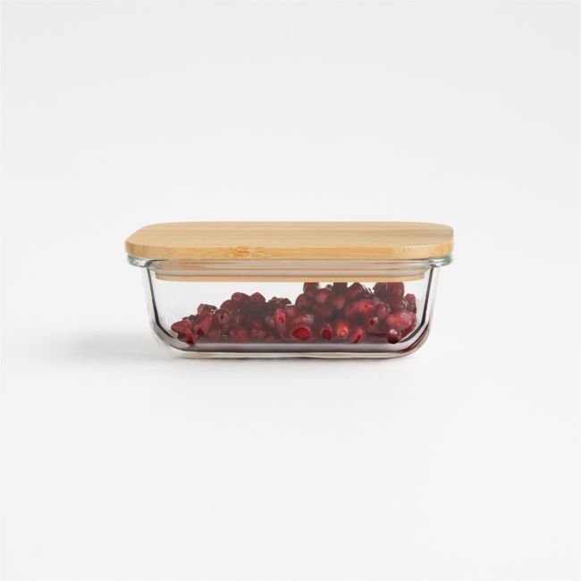 Crate & Barrel Rectangular Glass Storage Container with Bamboo Lid, 1-cup - Image 0