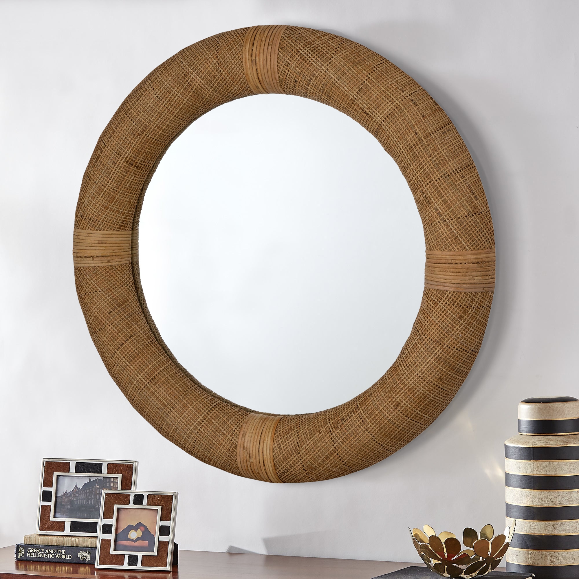 Handwoven Rattan Cane Round Wall Mirror, Natural - Image 0