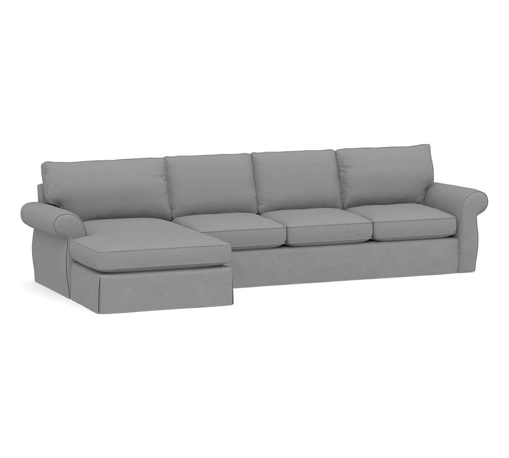 Pearce Roll Arm Slipcovered Right Arm Sofa with Double Wide Chaise Sectional, Down Blend Wrapped Cushions, Performance Brushed Basketweave Chambray - Image 0
