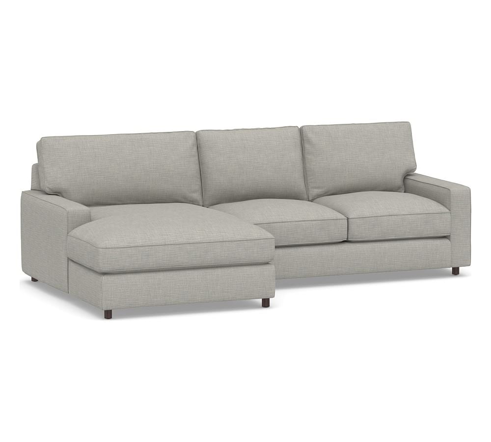 PB Comfort Square Arm Upholstered Right Arm Loveseat with Double Chaise Sectional, Box Edge Down Blend Wrapped Cushions, Premium Performance Basketweave Light Gray - Image 0