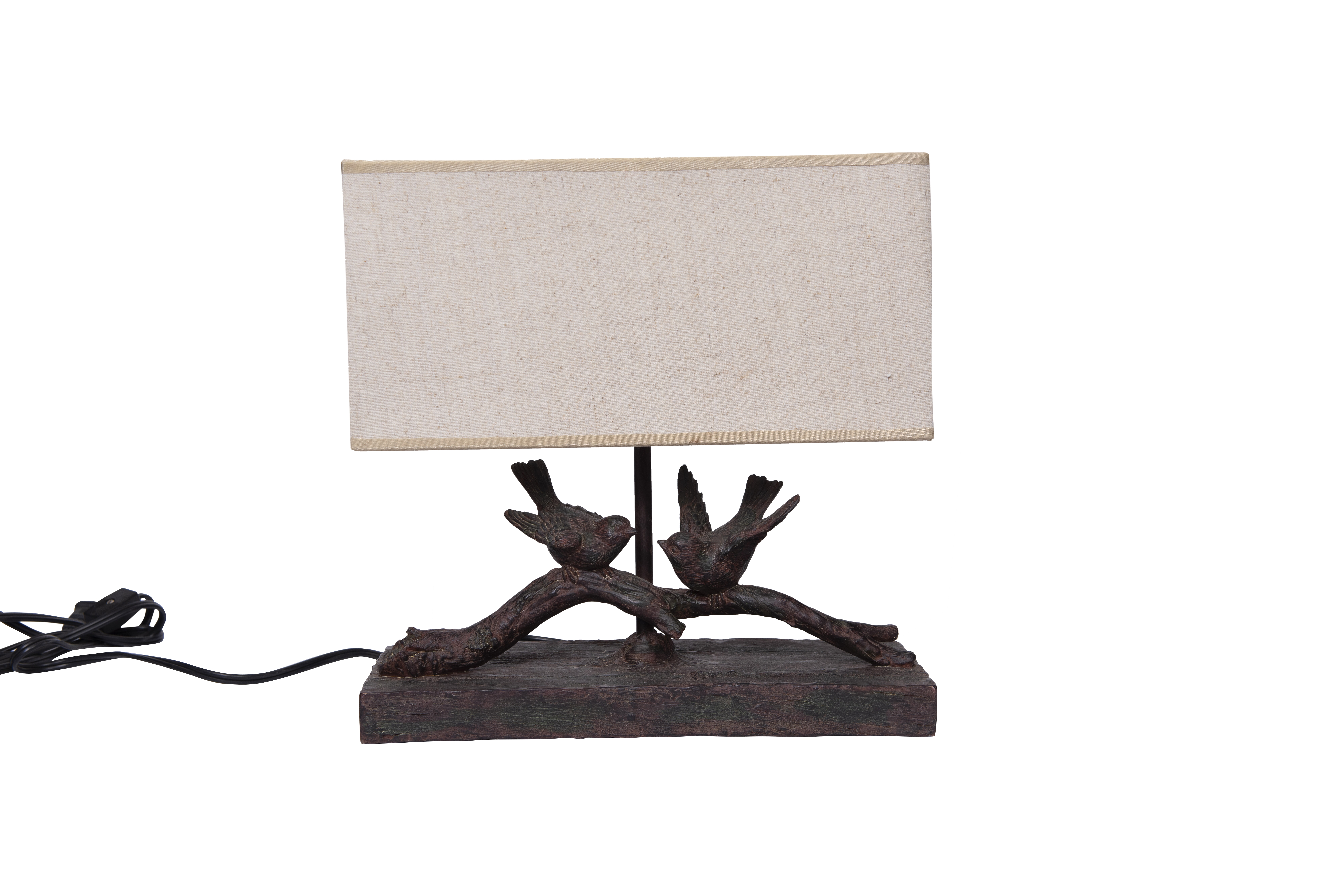 Rustic Birds-On-Branch Lamp with Rectangle Flax Shade - Image 0