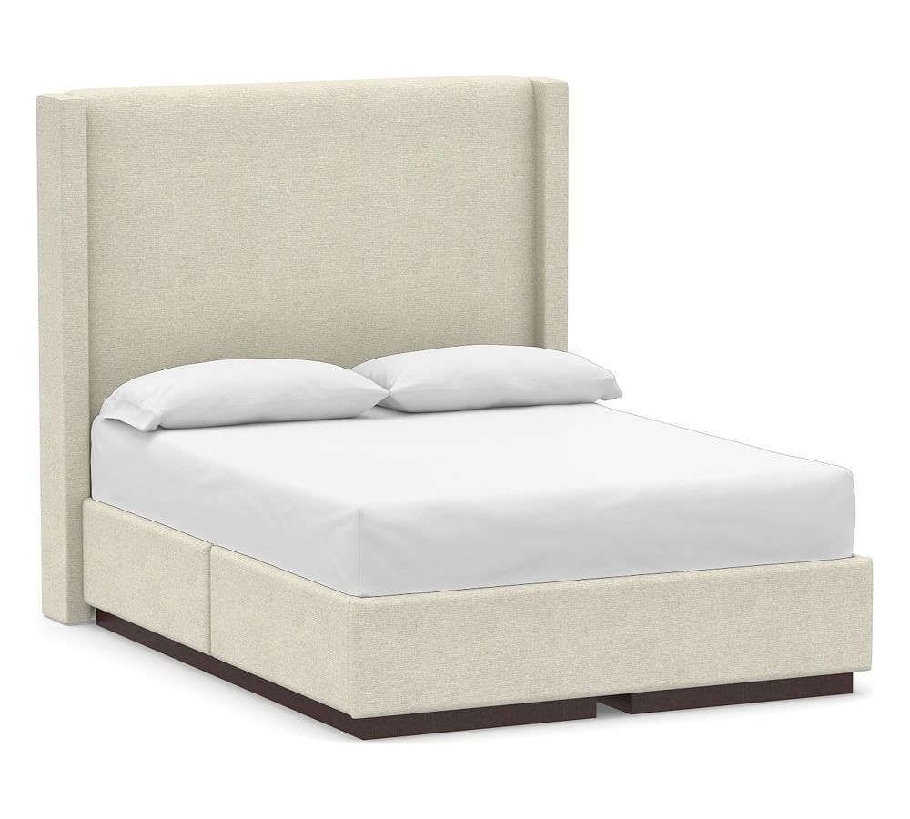 Harper Non-Tufted Upholstered Tall Headboard and Side Storage Platform Bed & without Nailheads, California King, Performance Heathered Basketweave Alabaster White - Image 0