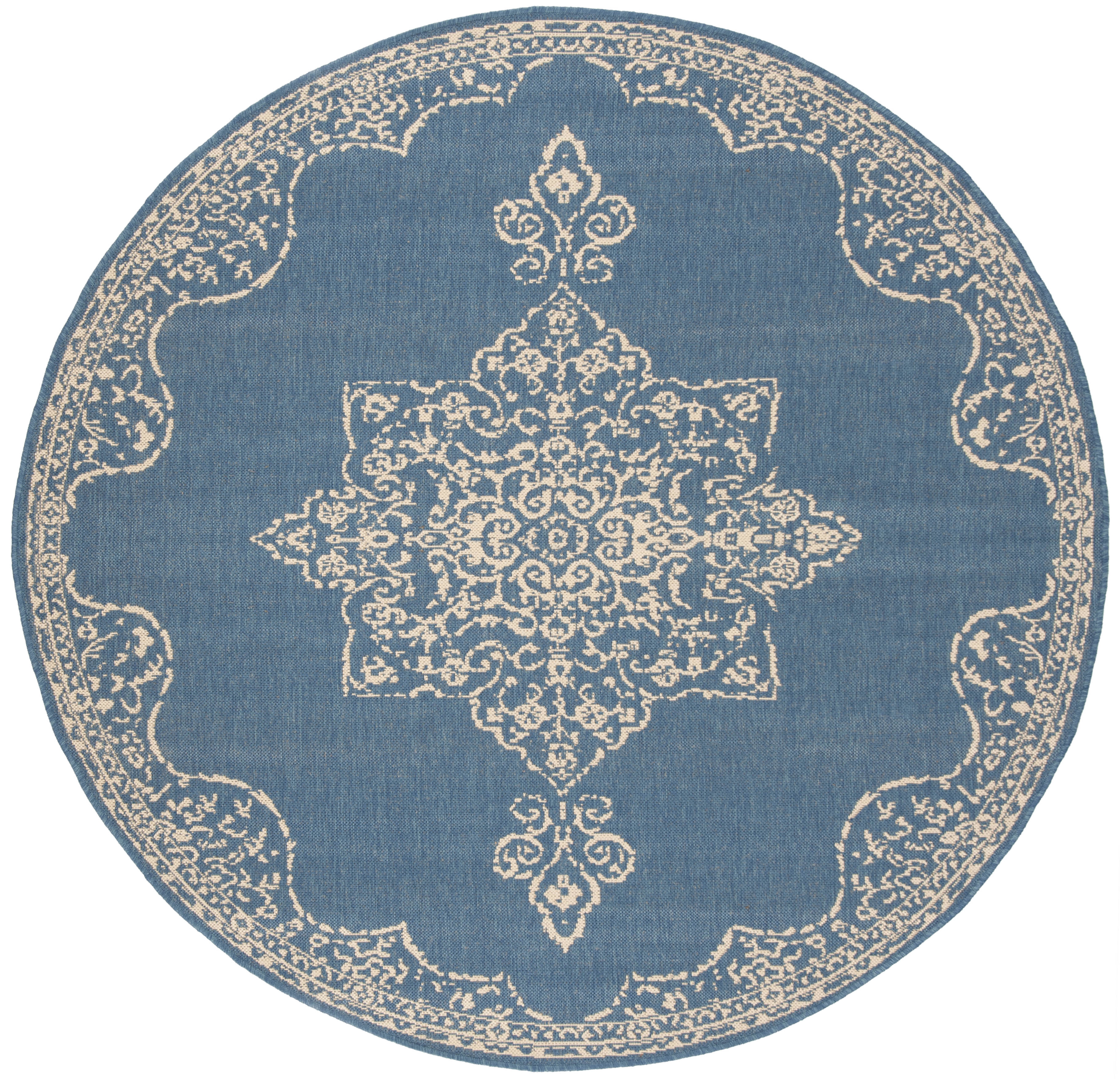 Arlo Home Indoor/Outdoor Woven Area Rug, LND180N, Cream/Blue,  6' 7" X 6' 7" Round - Image 0