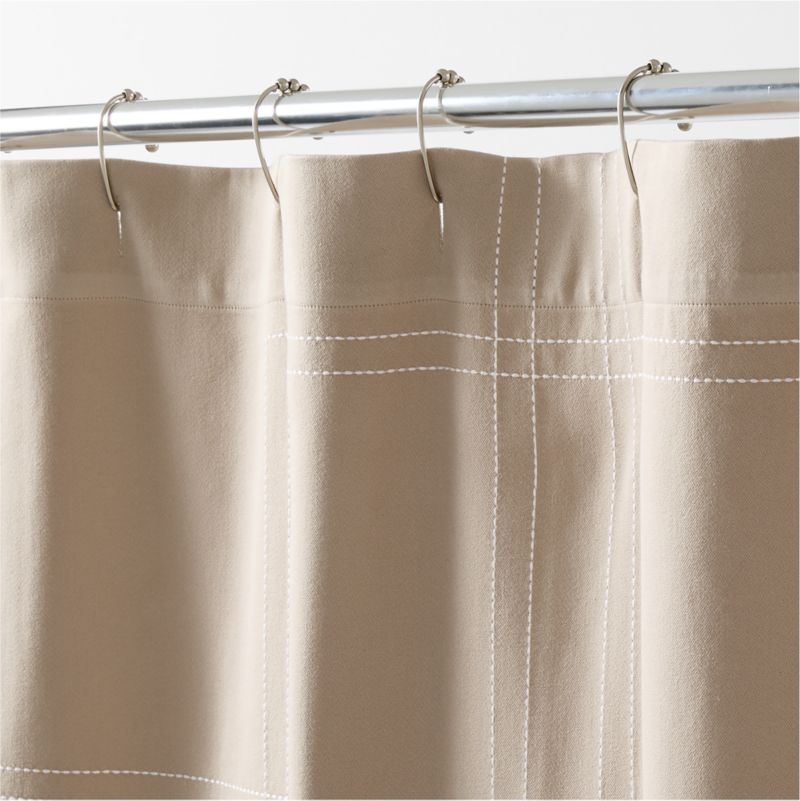 Organic Cotton Sateen Embroidered Taupe and Bright White Shower Curtain - Image 1