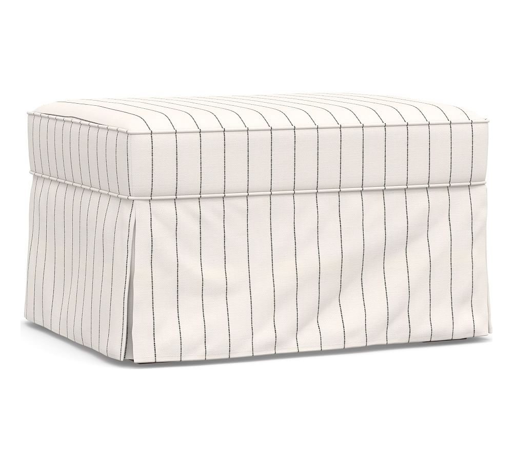 PB Comfort Slipcovered Ottoman, Box Edge Polyester Wrapped Cushions, Sunbrella(R) Performance Harbor Stripe Classic - Image 0
