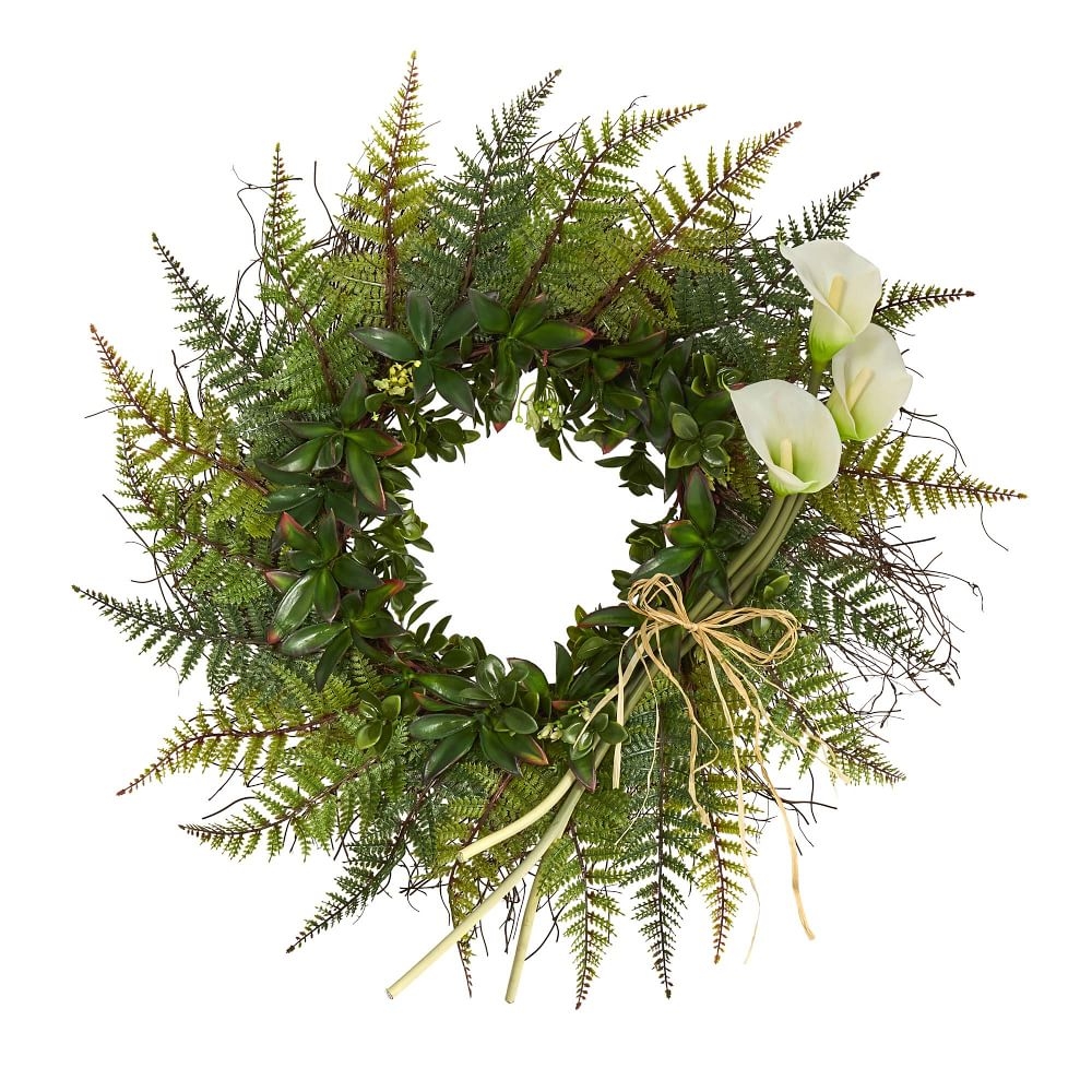 Assorted Fern & Calla Lily Artificial Wreath, Natural, 23" - Image 0